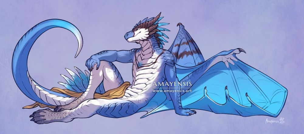 2D artwork of an anthro blue jay/dragon hybrid sitting up with a yellow cloth covering his groin. Art by Amayensis.