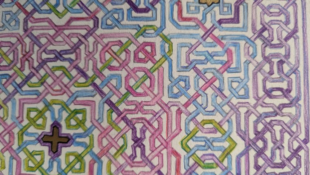 A close up of my drawing of the Alhambra tiling. Even in this small area there are dozens of under and oven weaving of lines. There are many shapes that are locked together. 
