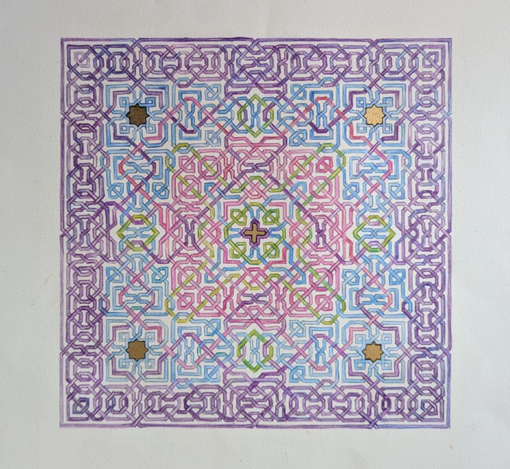 My hand drawn mage based on an Alhambra.  repeat pattern . Within this ten inch square there are lines colored with red, chartreuse, turquoise, purple and a bit of gold and black. The systems of interlocking and woven paths are kind of mind boggling and seems to have worked their way into my soul . 