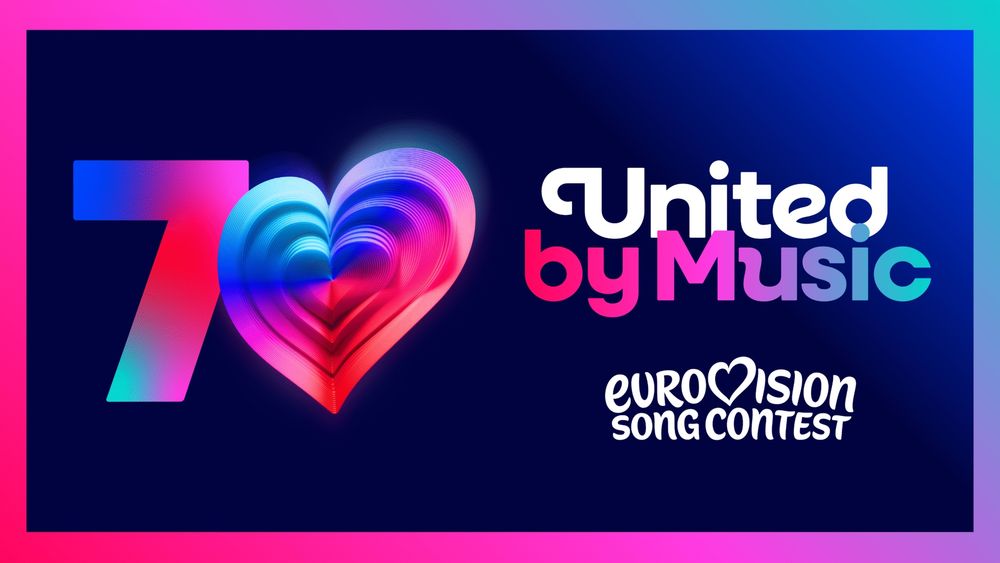 ‘70’ with the 0 as a heart in real, blue, red and pink. Puffy font for ‘United by Music’ slogan. Puffier font for new Eurovision Song Contest logo