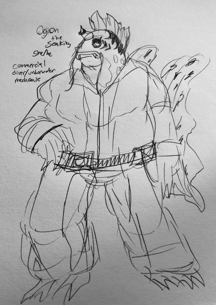 A traditional sketch drawing of an anthro Seaking named Ogon. He has a torn up fin atop his head, styled like a faux hawk, and a horn with an upward curve adorned with a black ring. She has whiskers coming down from either side of her mouth, implicitly a koi hybrid. She wears a jumpsuit/wetsuit and a black utility belt. The text described him as a commercial diver/underwater mechanic.
