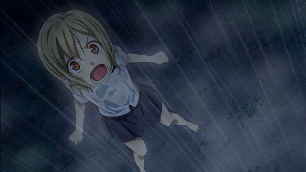 Image from Higurashi When They Cry Kai - Matsuribayashi, Console Version, Chapter 3. Miyoko Tanashi shouts defiantly at God to change her cruel fate after fleeing from an abusive orphanage.