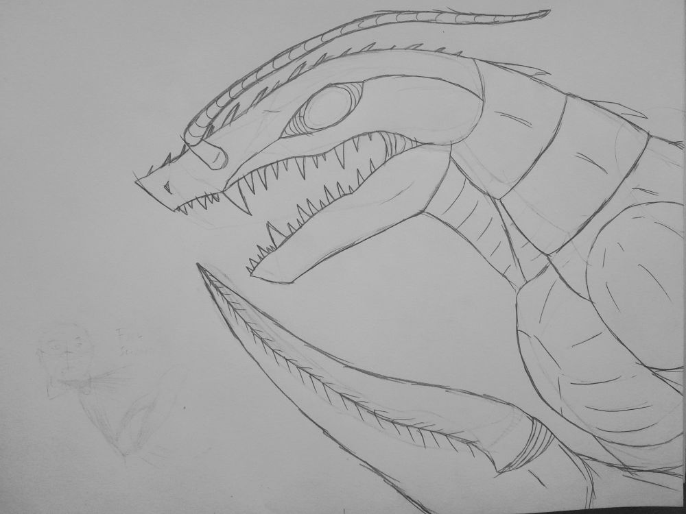 Pencil sketch of a partial upperbody and head shot of a large monstrous bipedal crayfish monster with its closed serrated scissor-like claws in frame. Its body is covered in really dense almost ballistic chitin plates, and the head of the creature is vaguely shark-like in appearance with a pronounced snout and razor sharp teeth. Long whiskers curl back from the snout and over the head.