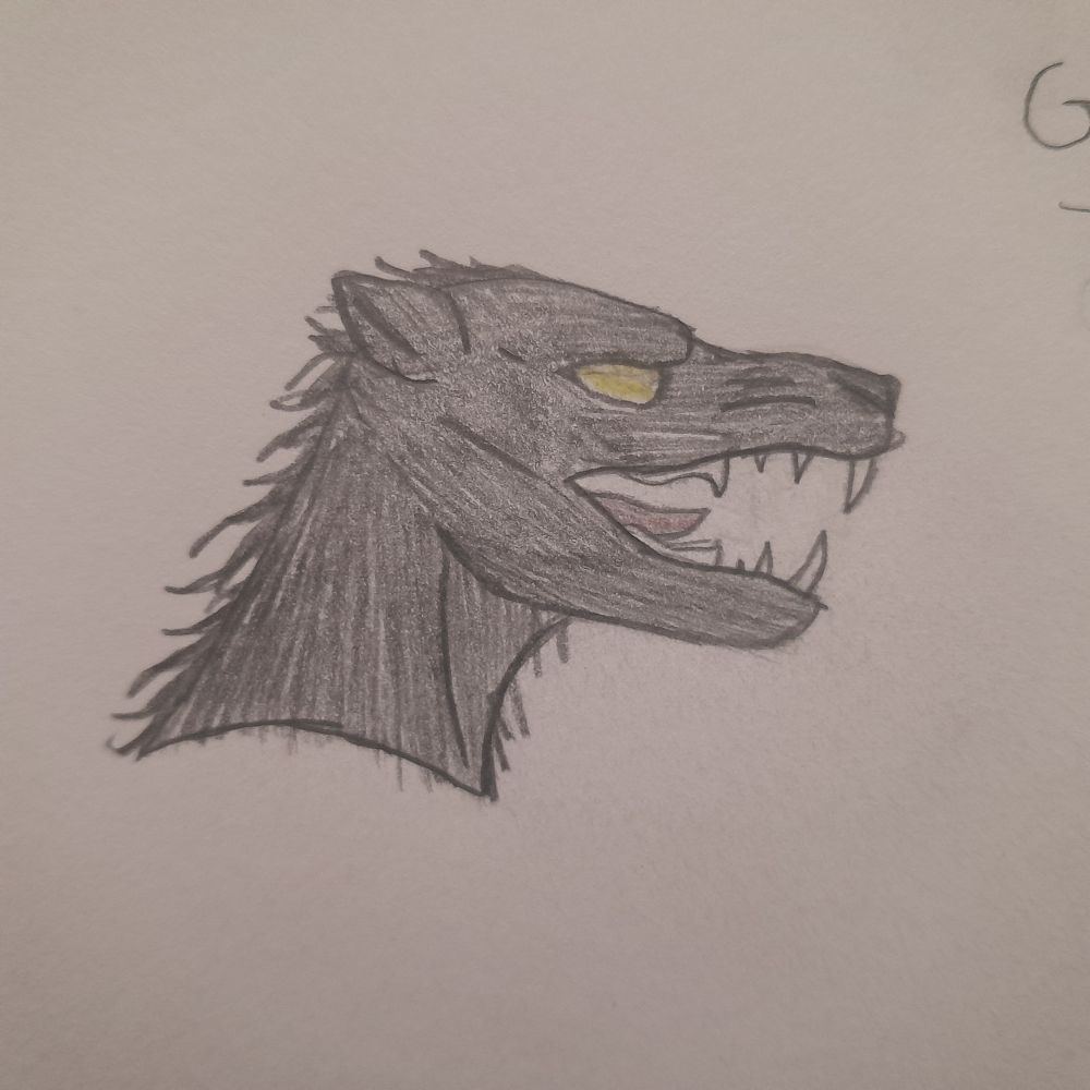 Profile portrait sketch of a dark creepy thylacoleo. His fur is simply black and scraggly, almost spiky to a degree. His eyes are a stark yellow, but may get some changes later with a refined design. He bares his bone-crushing teeth, snarling a smile at whatever prey is in his sight.