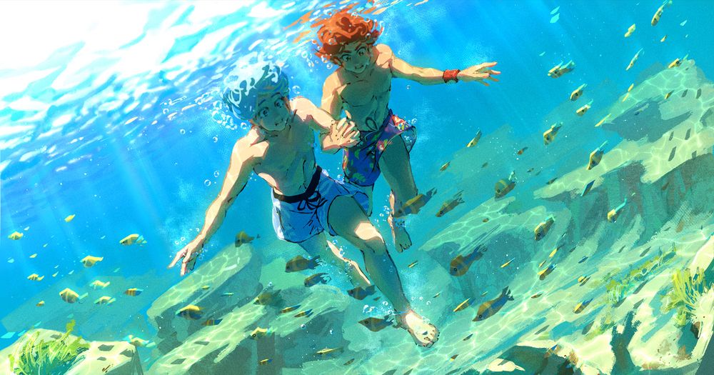(2/4) Reki and Langa, now wearing their swimming trunks, are  underwater in the sun-lit ocean, clasping each-others hand tightly as they admire the fish swimming around them. 