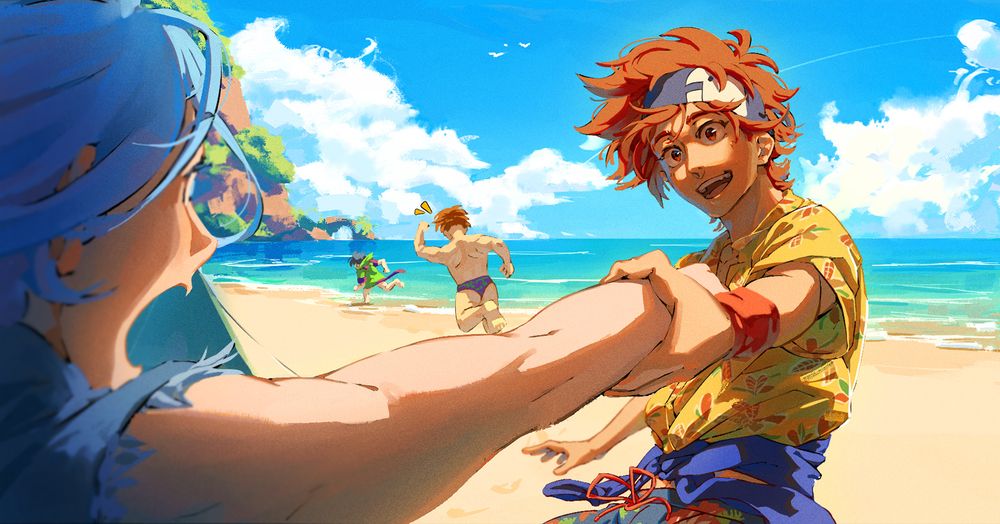 (1/4) Reki Kyan is pulling Langa Hasegawa by the hand, smiling widely as he excitedly leads him to a sunny, summer paradise beach. In the background, at the shore, you can see Shadow chasing Miya angrily