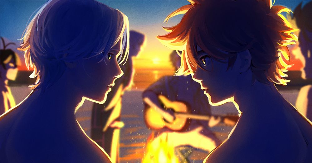 (3/4) Kojiro, Kaoru, Miya, Shadow, Reki and Langa are now sitting around a fire on the beach, with Kojiro strumming a guitar as the sun sets behind them. At the forefront of the piece, Reki and Langa are rim-lit by said fire, staring at each other in awe, almost as though the world around them has begun to disappear.