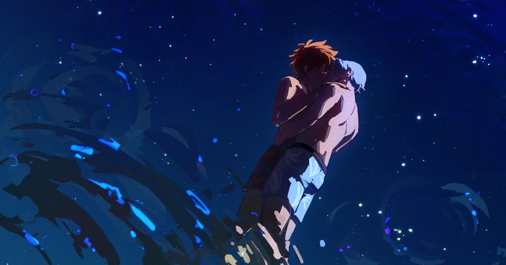 (4/4) The final panel shows a reflection on the calm, rippling beach water, displaying Reki and Langa in a tight, affectionate embrace, kissing under the countless stars in the blue night sky. 