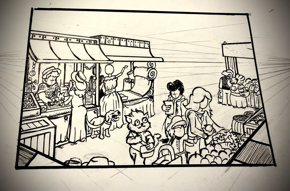 Dieselbe Markt-Skizze, nun mit mehr Leuten und einem Stand für Kleider und Stoffe. 