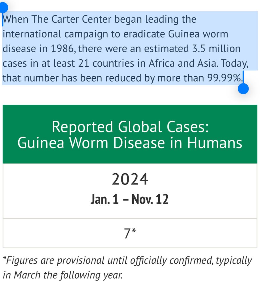 Carter Center on reducing cases of the Guinea worm from 3.5 million to 7