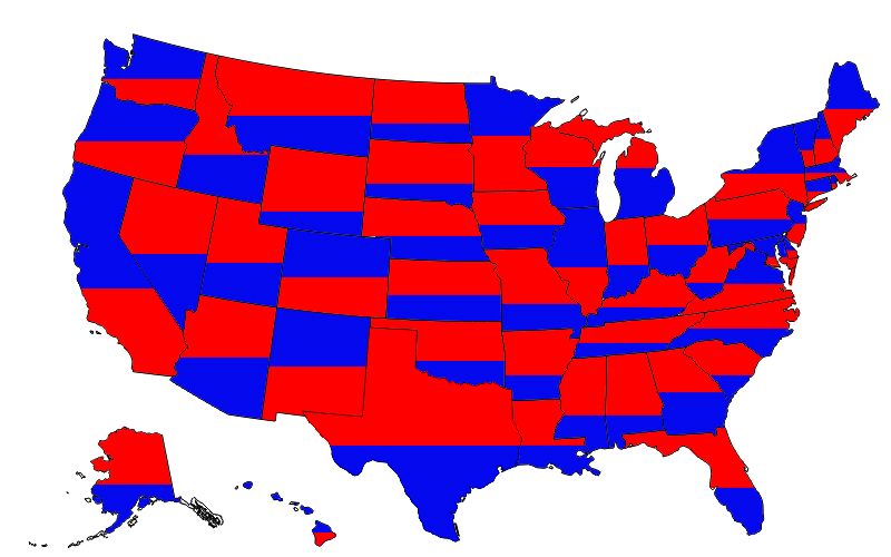 A United States of America map with each state "filled up" by the percentage of "red" vs "blue" votes in the 2024 Election