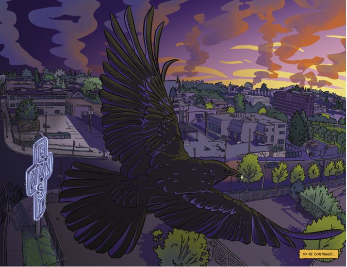 Comic panel of a crow flying over a neighborhood in the evening. "To be continued..." in the bottom right corner. Panel from 'Vision of the Crow' by Wanda John-Kehewin
