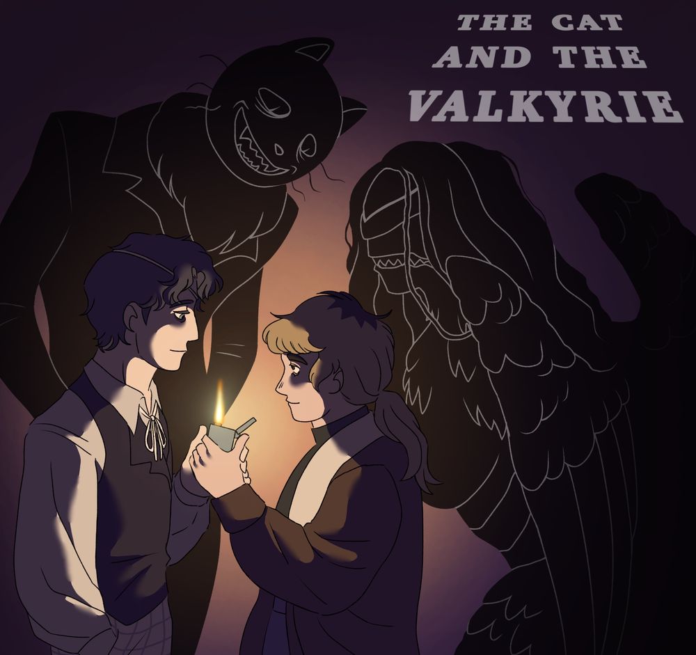 Daan and Karin from Fear and Hunger 2 Termina hold a lighter together in a dark space. Their shadows form their moonscorch forms. The title in the corner reflects their moonscorch forms. 