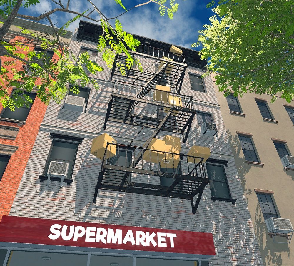 Screenshot aus dem Supermarket Simulator. Mehrere Pakete mit gelieferter Ware liegt auf unerreichbaren Feuerleitern.