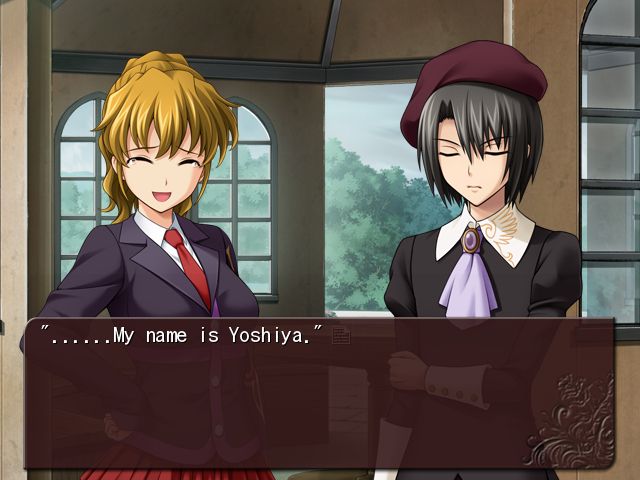 Screenshot of the visual novel Umineko no Naku Koro ni Chiru. Jessica and Kanon talking outside. Kanon says "...My name is Yoshiya." presented as a textbox on the screen. Jessica looks light she is laughing with tears in her eyes and Kanon has his eyes closed and looks straight faced.