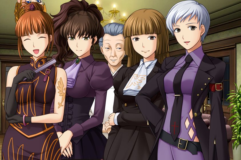 A picture made with the console sprites for Eva, Natsuhi, Kumasawa, Rosa and Kyrie over the conference room background. Behind Eva's head is Beatrice in her original sprite peeking down from the top of the screen. These characters are from the Visual Novel series Umineko When They Cry by Ryukishi07.