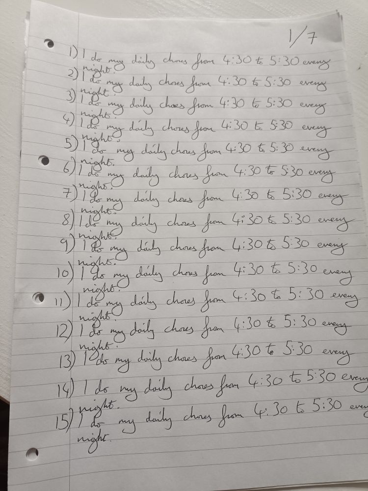 The sentence "I do my daily chores from 4:30 to 5:30 every night" repeated 15 times, labeled #1-15