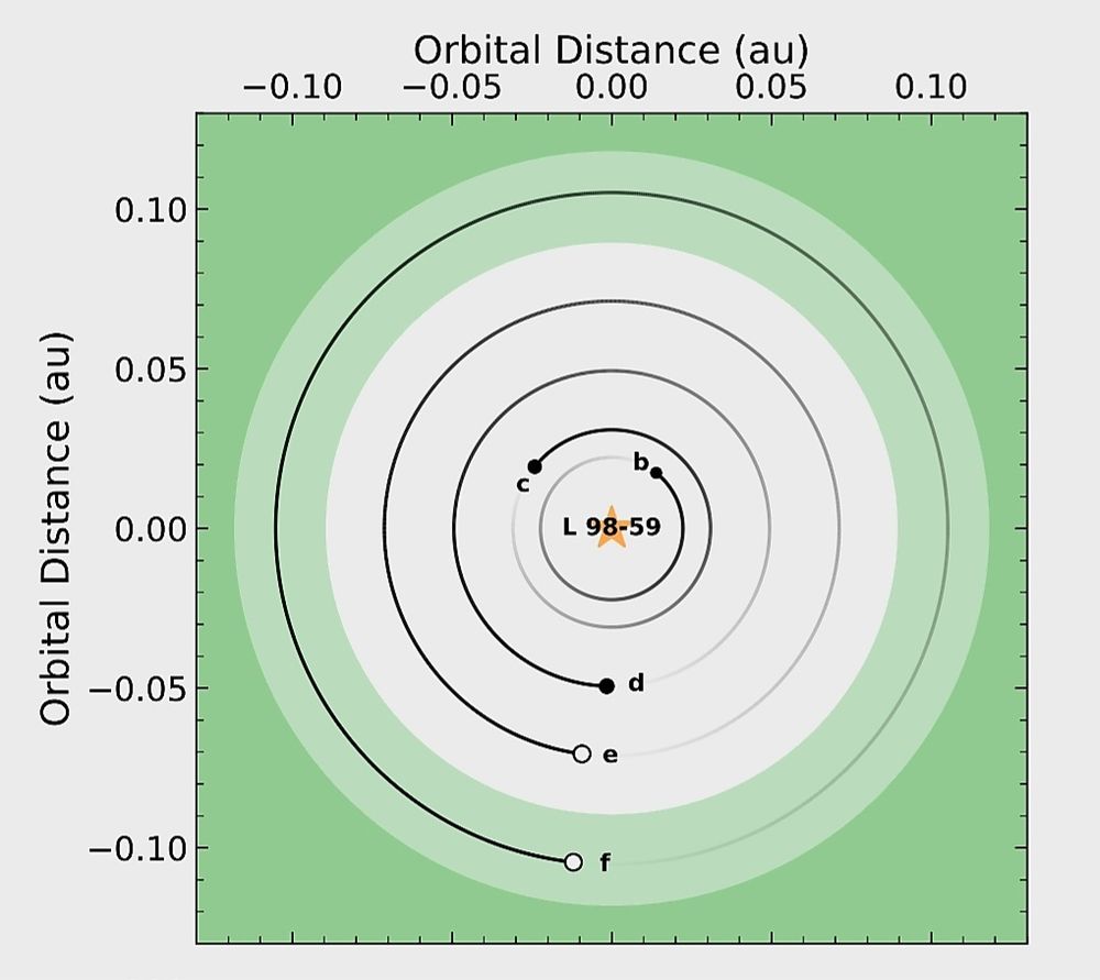 Orbits of the five known planets circling the red star L 98-59.