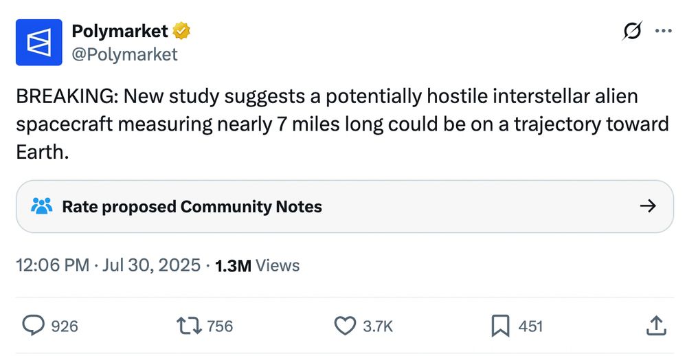 Absurd post on X: "New study suggests a potentially hostile interstellar alien spacecraft measuring nearly 7 miles long could be on a trajectory toward Earth."