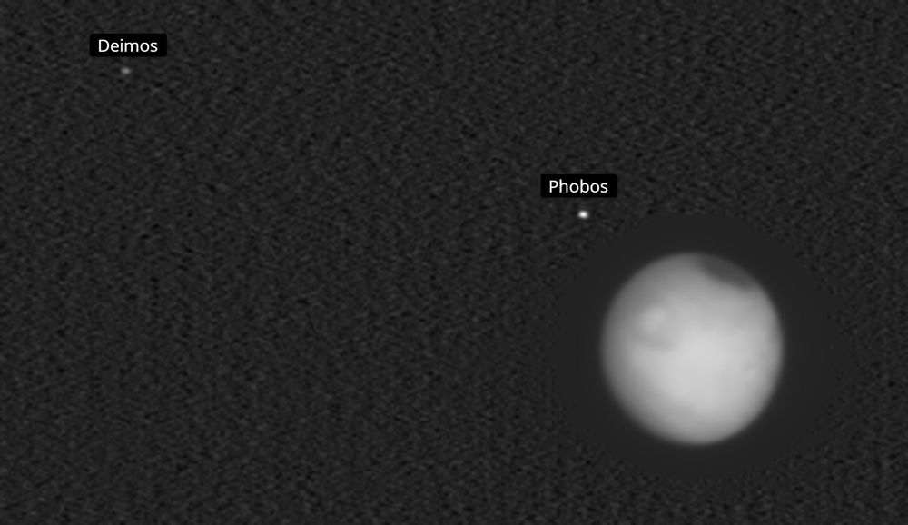 NASA's Europa Clipper captured this infrared image of the heat radiation from Mars and its moons Phobos (closest to Mars) and Deimos (seen in upper left corner) on Feb. 28, 2025, as the spacecraft approached the Red Planet while en route to the Jupiter system to investigate the icy moon Europa. The mission flew by Mars the next day, using the planet's gravity to help shape its orbit. 
