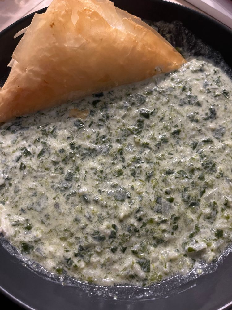 Selbst gemachte Börek (Yufkateig gefüllt mit Fetacreme) an Joghurt-Spinatsuppe (die nur mit mehr Salz und Pfeffer gut schmeckt)