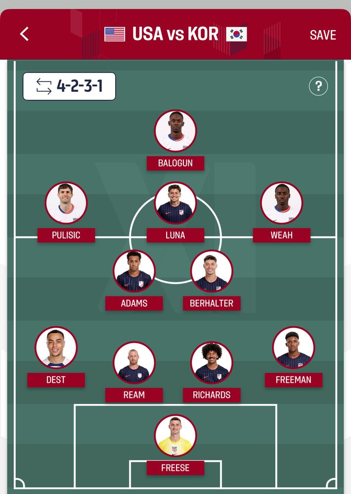 Potential USMNT lineup v South Korea

Balo
Pulisic Luna Weah
Adams Berhalter
Dest Ream Richards Freeman
Freese