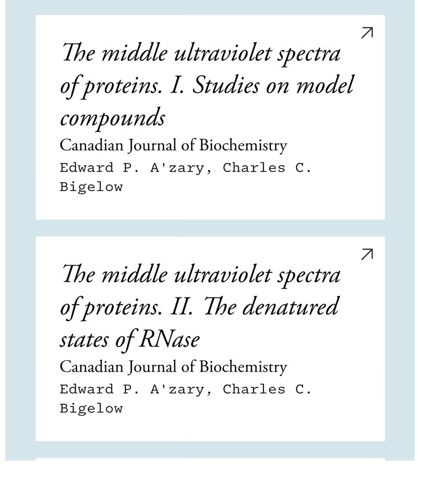 Results of a LibGen search showing two journal articles on the middle ultraviolet spectra of proteins by Edward P A’Zary and Charles Bigelow
