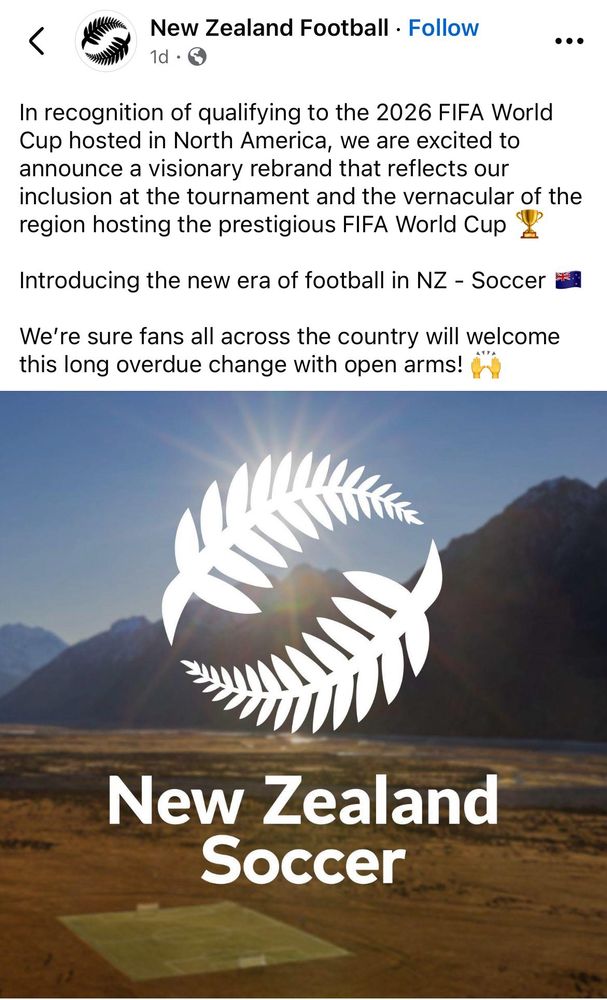 An April Fool’s gag post from New Zealand Football announcing that they are changing their name to New Zealand Soccer in preparation for for the 2026 World Cup in the US