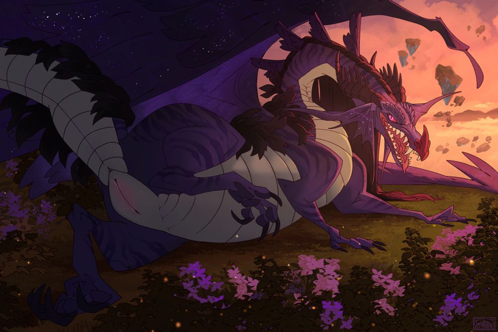 18+ illustration of a dragon among pink and purple flowers, with a warm evening sky behind her, panting expectantly in heat