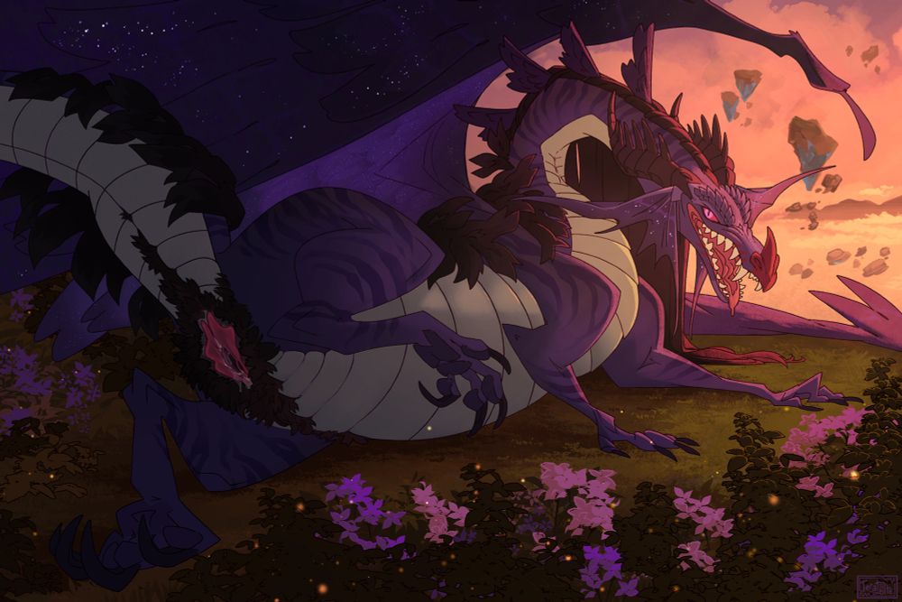 18+ illustration of a dragon among pink and purple flowers, with a warm evening sky behind her, panting expectantly in heat