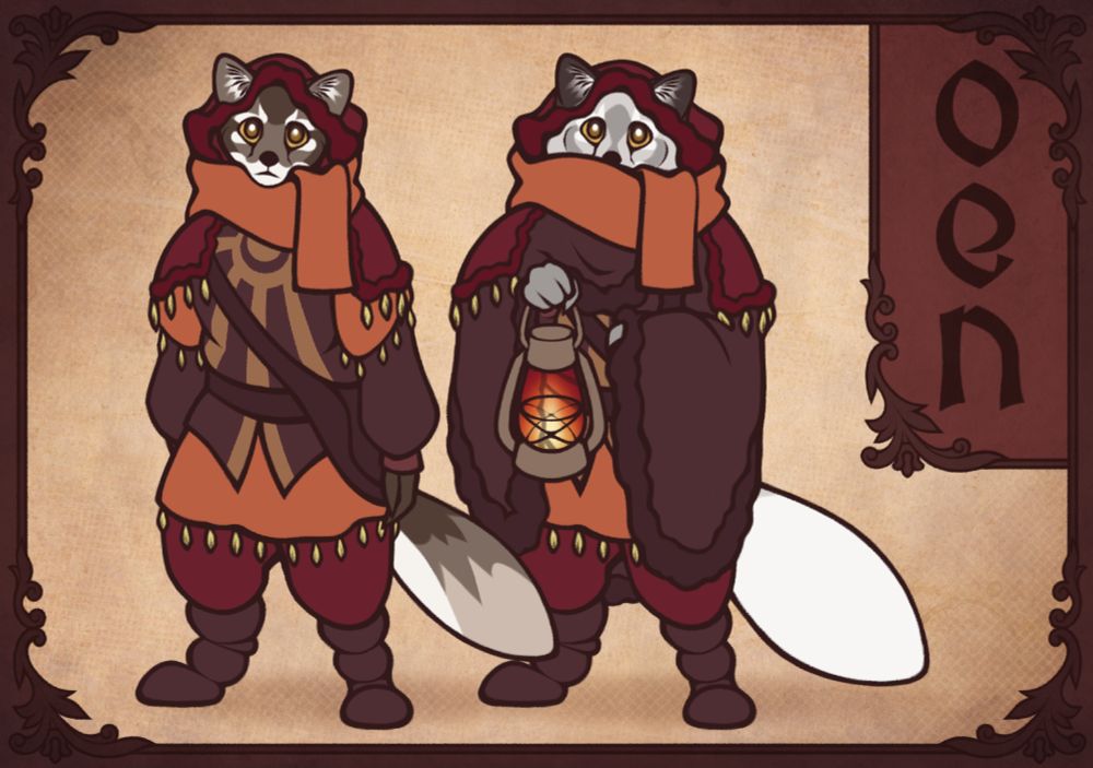 A reference sheet of an anthropomorphic arctic fox. There are two fullbody drawings: a little less fluffy and with darker colors on the left, being the summer coat, and a fluffier and very light-colored one on the right, being the winter coat. In the left drawing the character is wearing dark and desaturated burgundy boots and shirt with the symbol of a sun on the chest, an orange skirt and shoal, red pants and hood, and a brown belt and shoulder bag. The hood, shoal and skirt have yellow tassels lining the edges. The right drawing is mostly the same, but the character also has a warm cloak over his shoulders, colored like the shirt, and is holding up a lit metal lantern. The right side of the reference has the name "Oen" written in medieval-styled lettering.