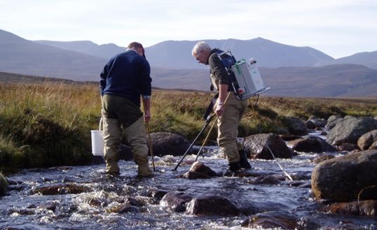 Two people sampling fish in a small upland stream in Scotland using a traditional electrofishing backpack. One person carries the equipment and holds an anode and a hand net. The second person carries a net and bucket to help capture and hold fish that are caught.   