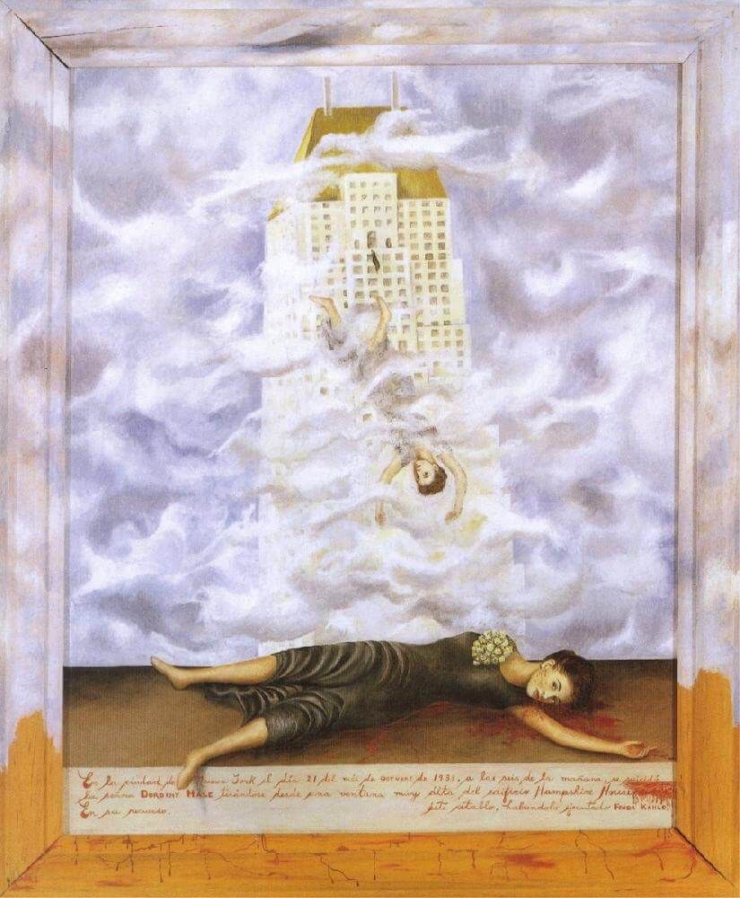 This painting is one of Frida's most shocking and controversial painting, which depicted the details of every step of Hale's suicide. It shows Hale standing on the balcony, falling to her death while also lying on the bloody pavement below. 