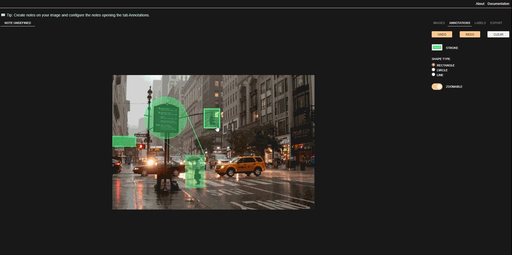 Screenshot of a web app showing an image with dynamic shape annotation