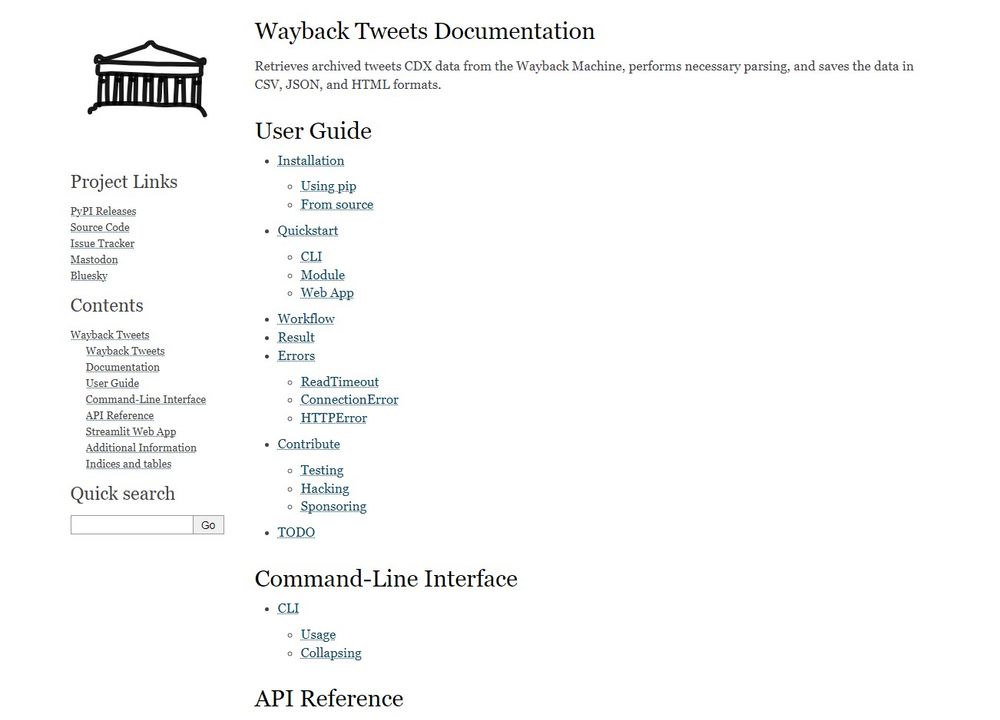 Screenshot of the Wayback Tweets documentation