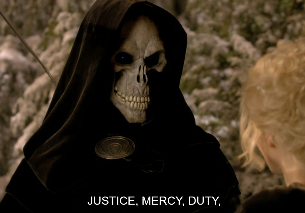 Series of screenshots from film series of The Hogfather in which Death (a fellow in a dapper skull mask and robe, etc) is saying "Justice, mercy, duty..."