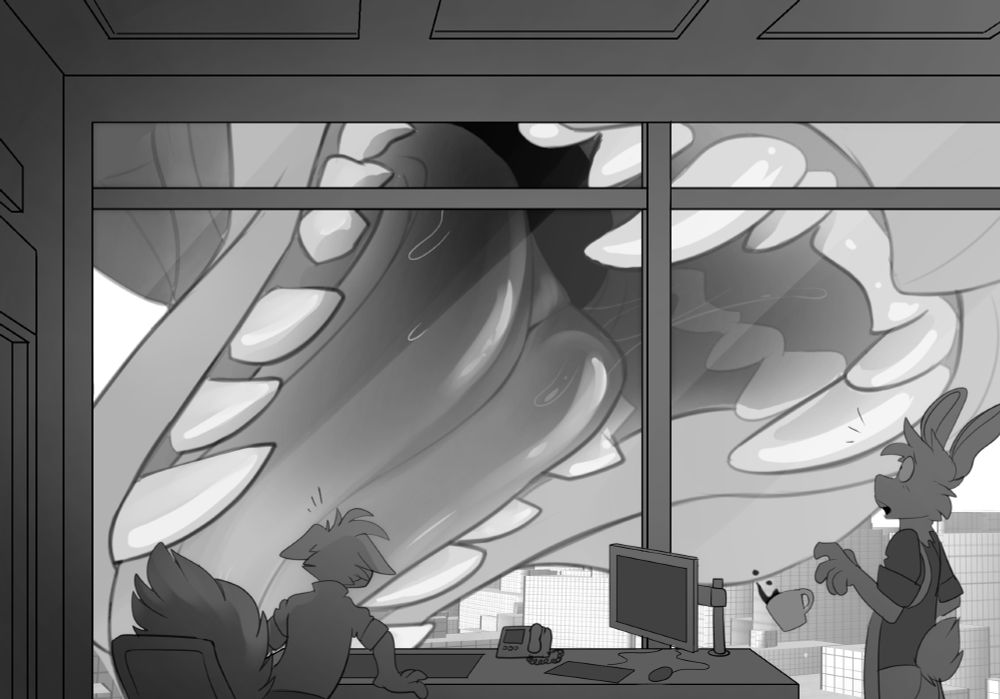 A PoV looking outside of an office of a dragon maw about to chomp into the building.