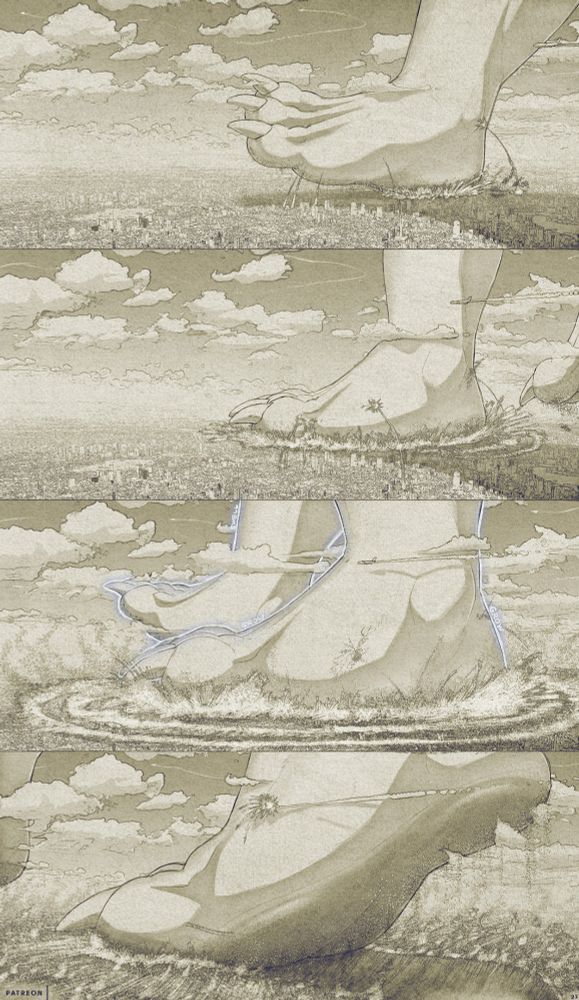 Having moved on from the airport, March makes his way across a city.
Ankles now in the clouds, a sequence of a step shows yet another growth spurt mid step.  March's foot grows right into the path of a passing plane and devastates the area he just walked upon.