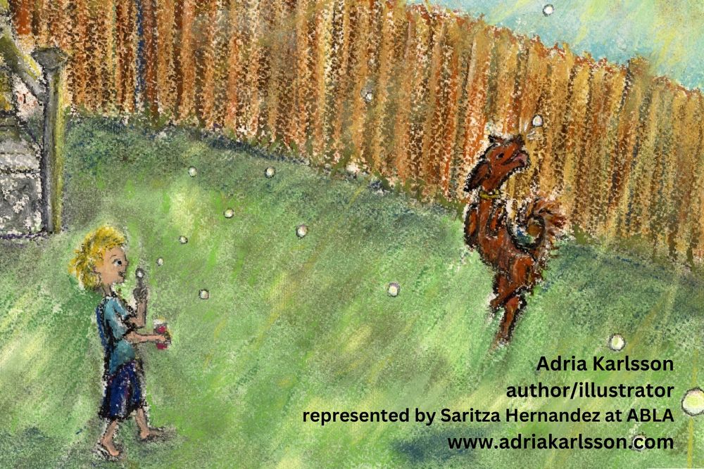 Small blond child in a blue tshirt and shorts blows bubbles in front of a green lawn and brown fence. A fluffy brown dog leaps to pop the bubbles. Sunshine floods down. 