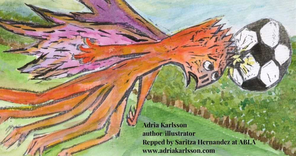 Linocut print of orange monster with lots of legs and two pink wings, heading a soccer ball and popping it. They are flying over the field and the edge of the woods. 