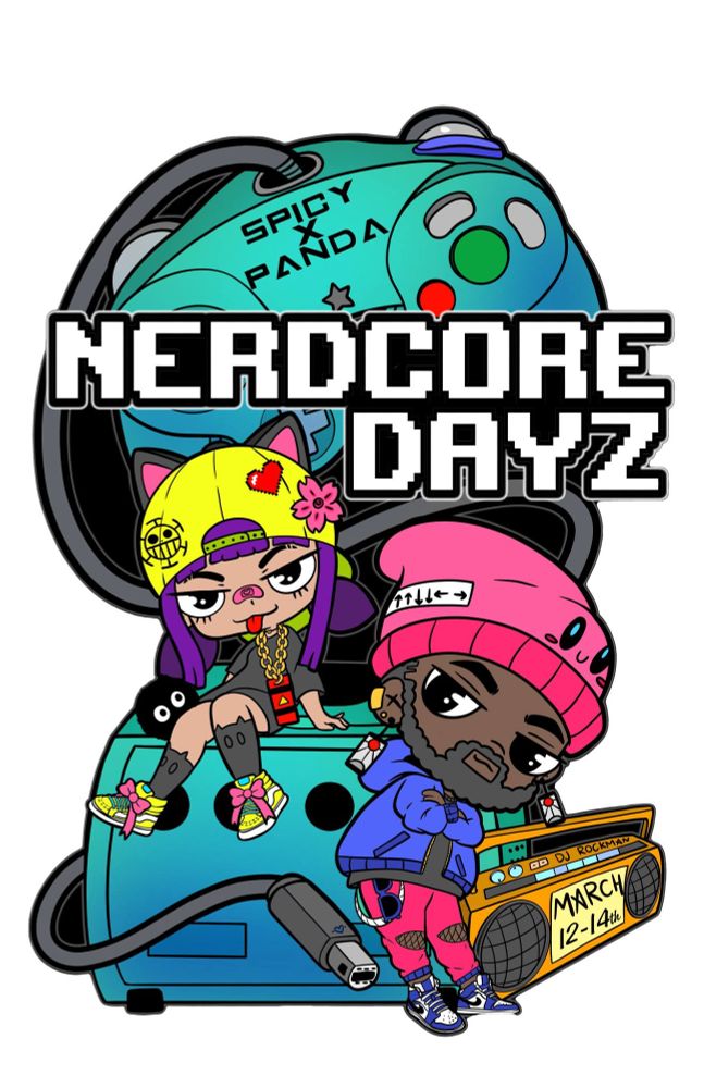 Poster for Nerdcore Dayz showing two cool individuals on a Gamecube with a boombox that says March 12-14th (the total days of the event)