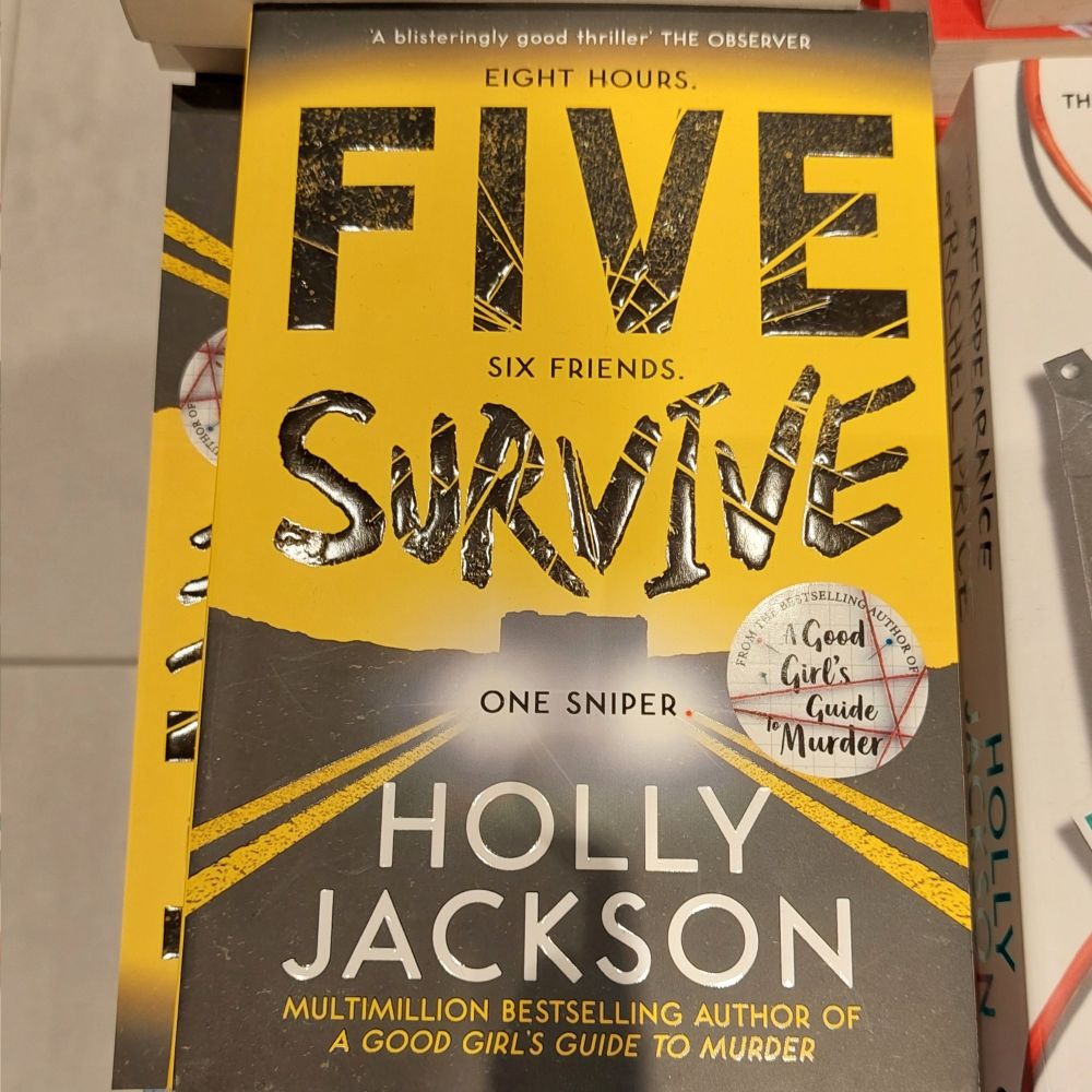 A picture of a book cover on which the title awkwardly reads: "Eight hours. Five Six friends. Survive one sniper"