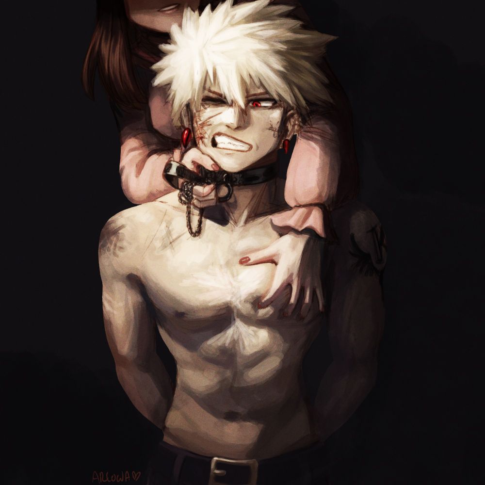 ArlowArts painting of kacchako. Ochako has Katsuki on a leash as she's grabbing his titty from behind.