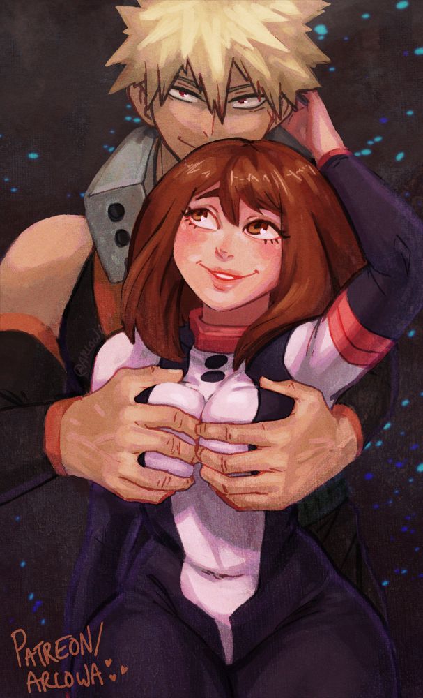 Painting of Ochako with Bakugou behind her. His hands  are holding her breasts over her hero suit while she smiles up at him. Little blue sparks fly by in the background because I thought it'd be a cool atmospheric thing, y'know?