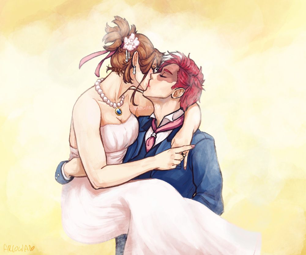 ArlowArts painting of Ochako in a wedding dress being held up by Shouto while they kiss.