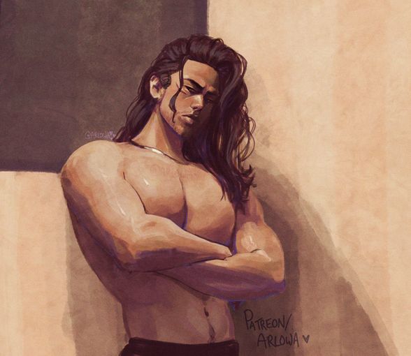 Painting of a shirtless Aizawa leaning against a wall. He's got a slight frown on his face