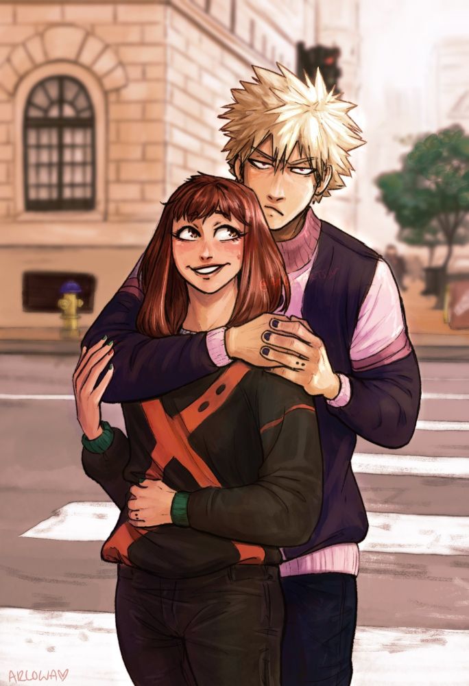 ArlowArts painting of kacchako. Bakugou has his arms around Ochako from behind as he glares at the photographer. Ochako tries to calm him down. They're starting sweaters that resemble of each other's hero costumes