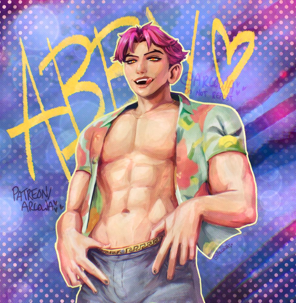 Painting of Abby from KPop Demon Hunters. His shirt is open and his abs are on display. He's got glowing demon eyes and his tongue is out to lick his lips