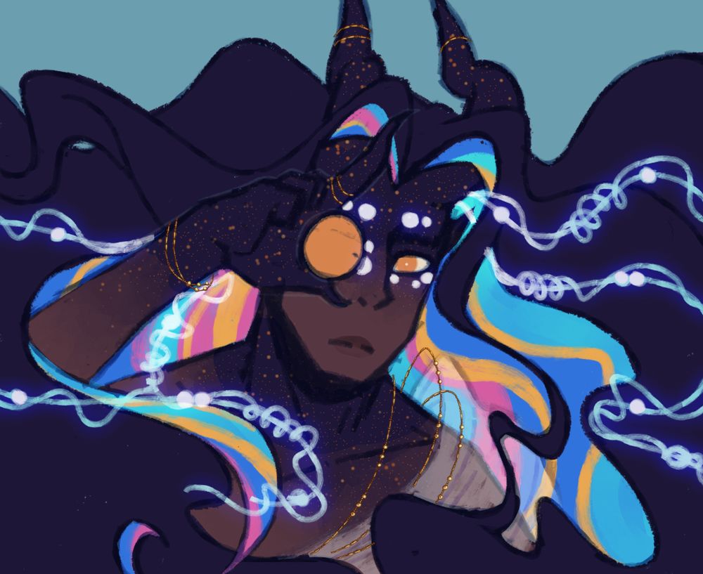 A man with dark skin and flowing dark blue hair, the underneath of which is coloured with bright blues, pinks, and yellows. Gold jewellery adorns his shoulders, wrists, and horns. In front of his eye, he holds a piece of gold. 