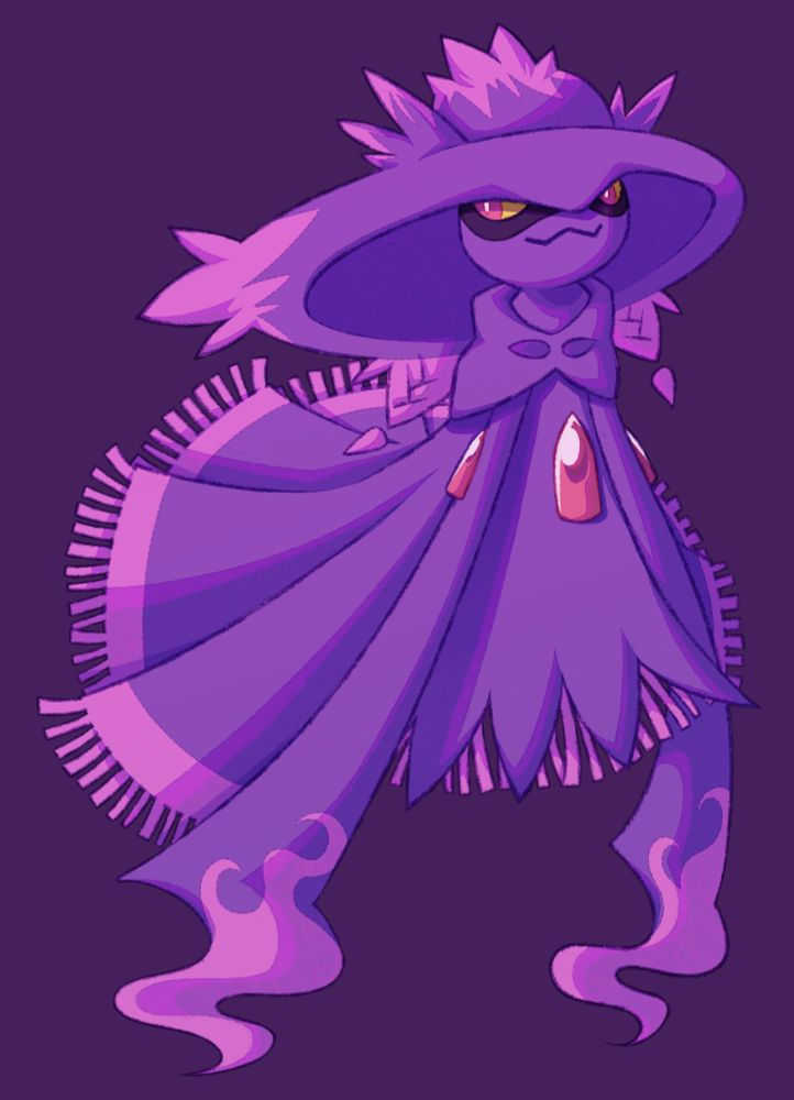 A redesign of the Pokemon Mismagius. The hat has been made shorter, and two tufts of spikes at the back now resemble twin braids. The thick eyeliner has become a bandits mask, the gemstones have become bullets, a fringe trim has been added to the dress, and a neck scarf now sits on it's shoulders.